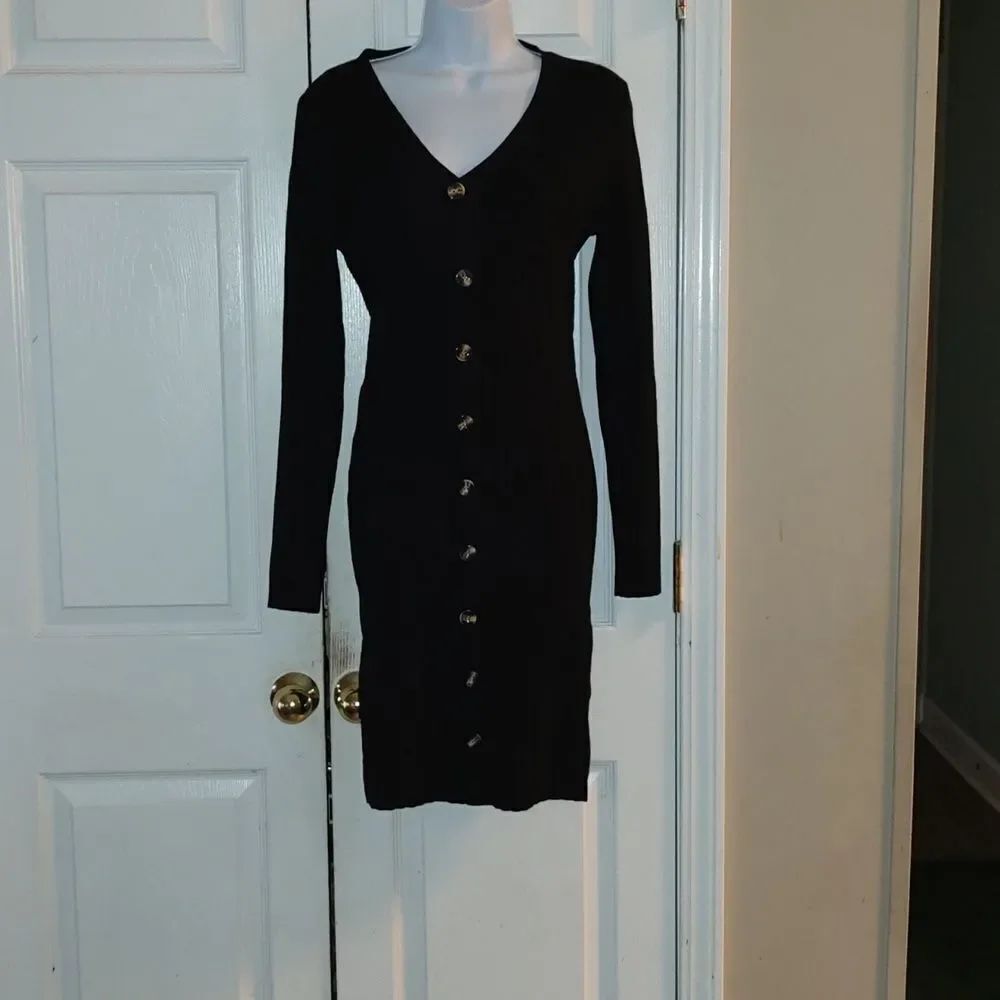 Shein faux button down ribbed sweater dress holiday party night out fitted Sz L